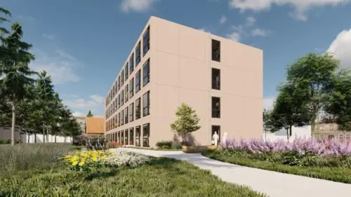 Illustratie van de toekomstige tijdelijke huisvesting van economisch daklozen aan de Wenckebachweg 118 in Werkstad OverAmstel.