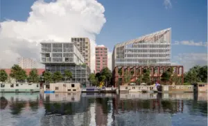 Sfeerimpressie woonbouwontwikkeling Amstel Design district fase 2, vanaf de Duivendrechtsevaart