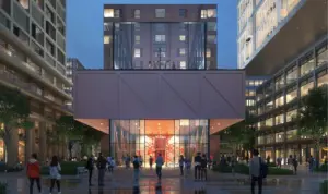 Impressie 3D hoofdingang gebouw project Amstel Design District