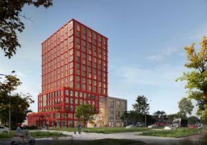 Sfeerimpressie 3D, hotelontwikkeling MATE, roodkleurig gebouw met 15 lagen.